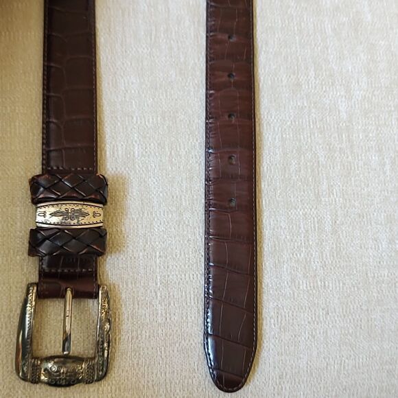 Brighton Croc Embossed Brown Leather Belt Silver Tone Buckle Size L - Picture 6 of 11